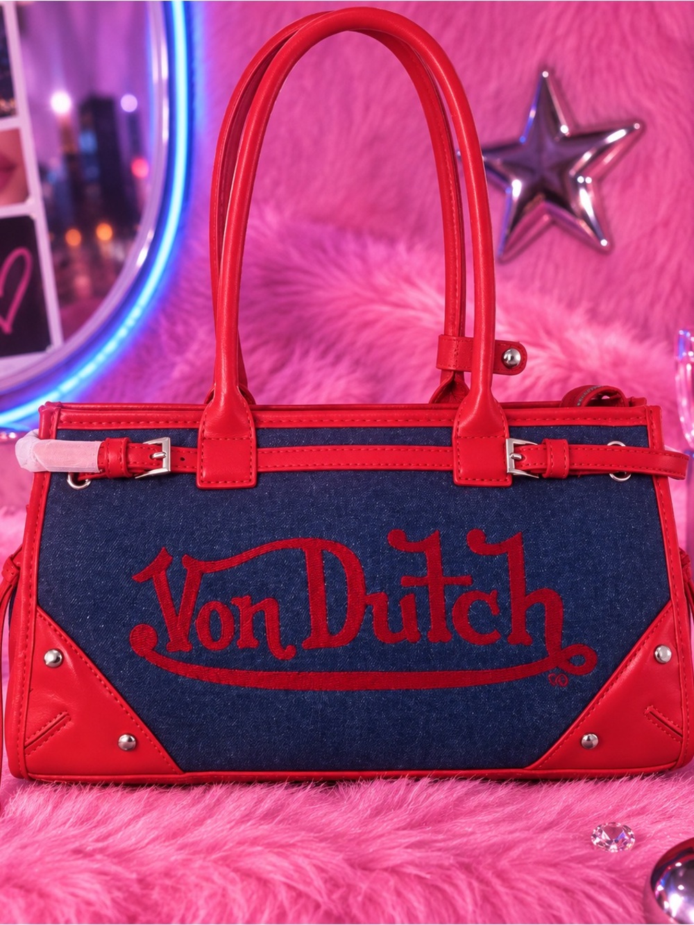Von Dutch Red and Denim Satchel